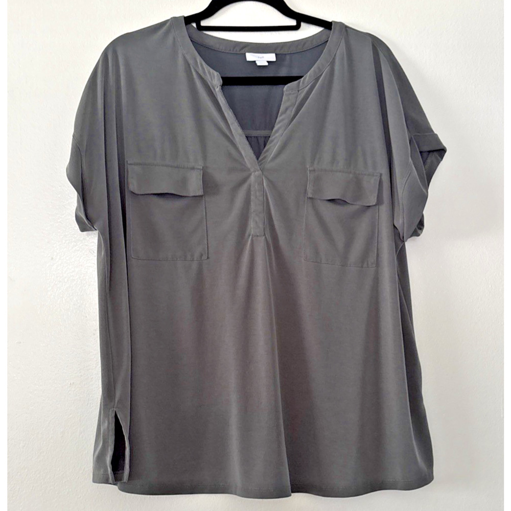 J Jill Top XL Drab Green SS Soft Cargo Pocket Side Slits V-Neck Sheer Shirt